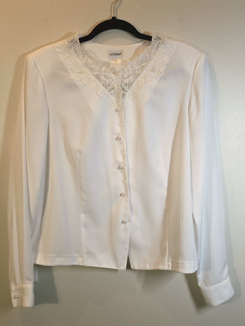 White Sheer Lace-Trim Pearl Button Front Blouse Victorian Edwardian Teacher 14